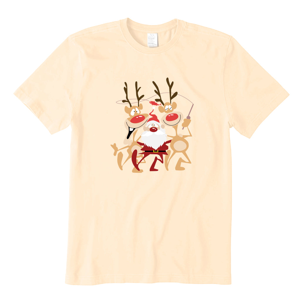 Santa Claus and Elk Happy Fishing T-Shirt
