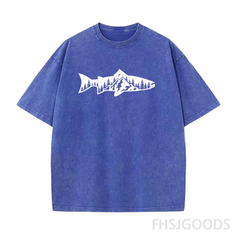 Fish and Mountain Moon Tree Unisex Distressed T-Shirt