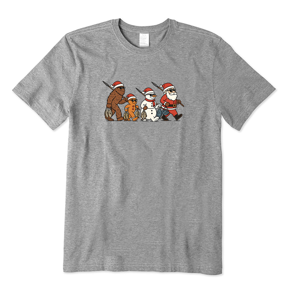Santa Bigfoot Snowman Gingerbread Man Fishing Christmas T-Shirt