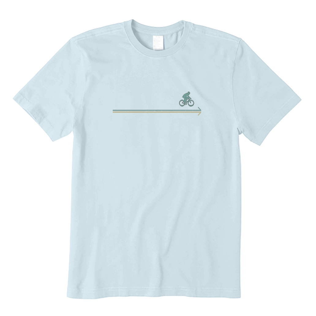 Light blue t-shirt with a cycling graphic on a white background