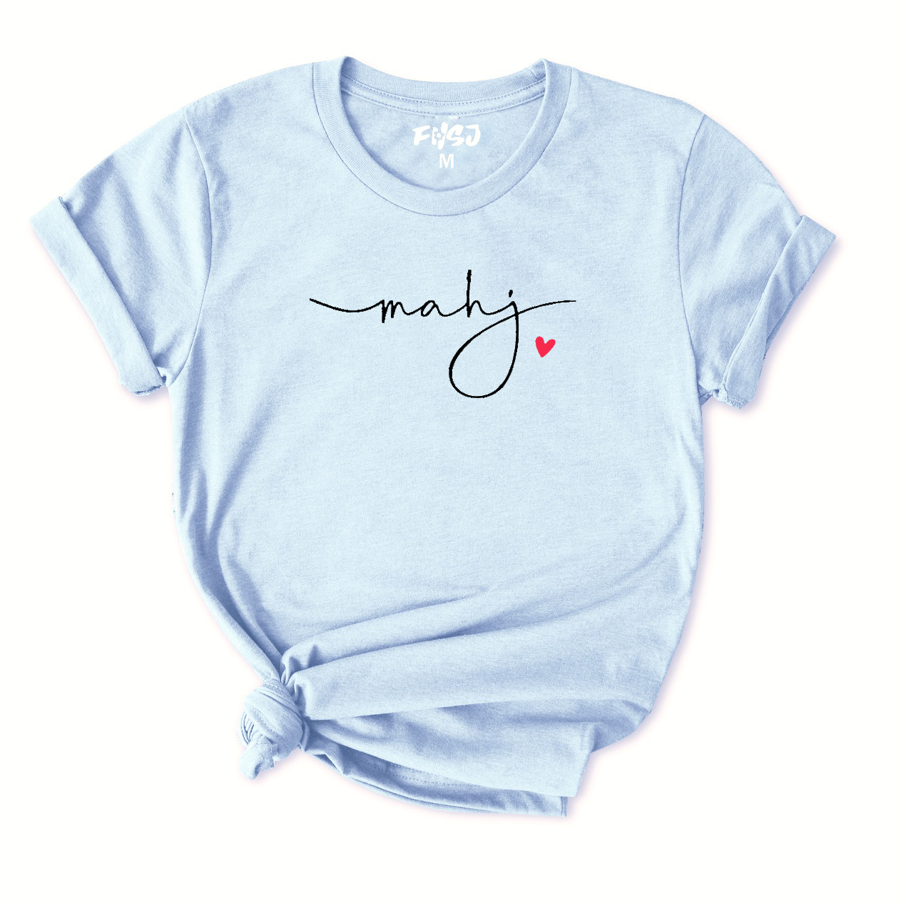 Light blue t-shirt with 'mahj' and a heart design on a white background
