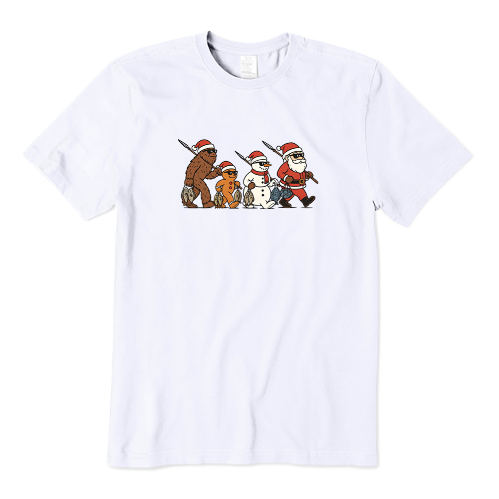 Santa Bigfoot Snowman Gingerbread Man Fishing Christmas T-Shirt