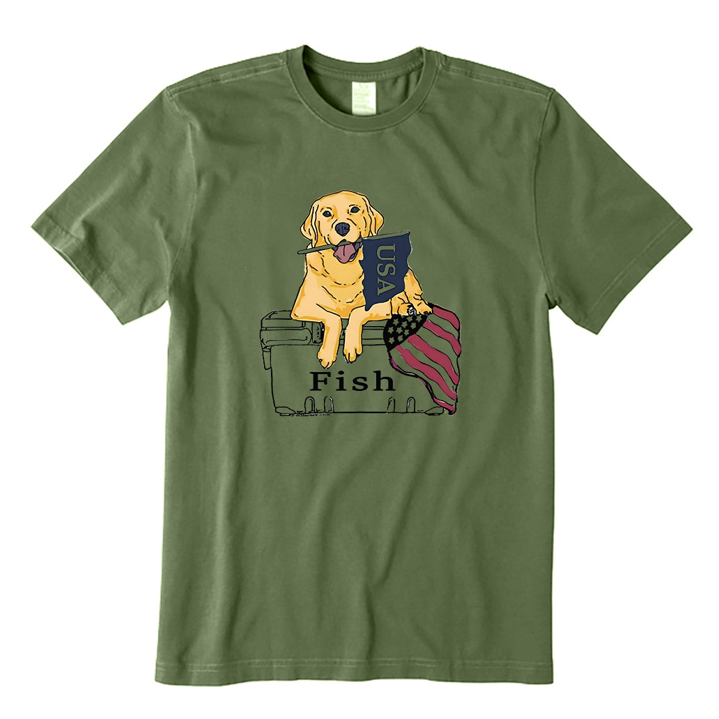 Dog on Fish Box with Flag T-Shirt