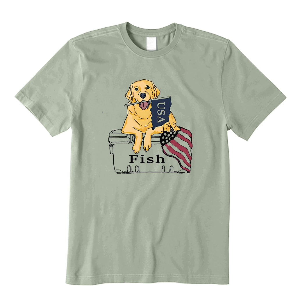 Dog on Fish Box with Flag T-Shirt