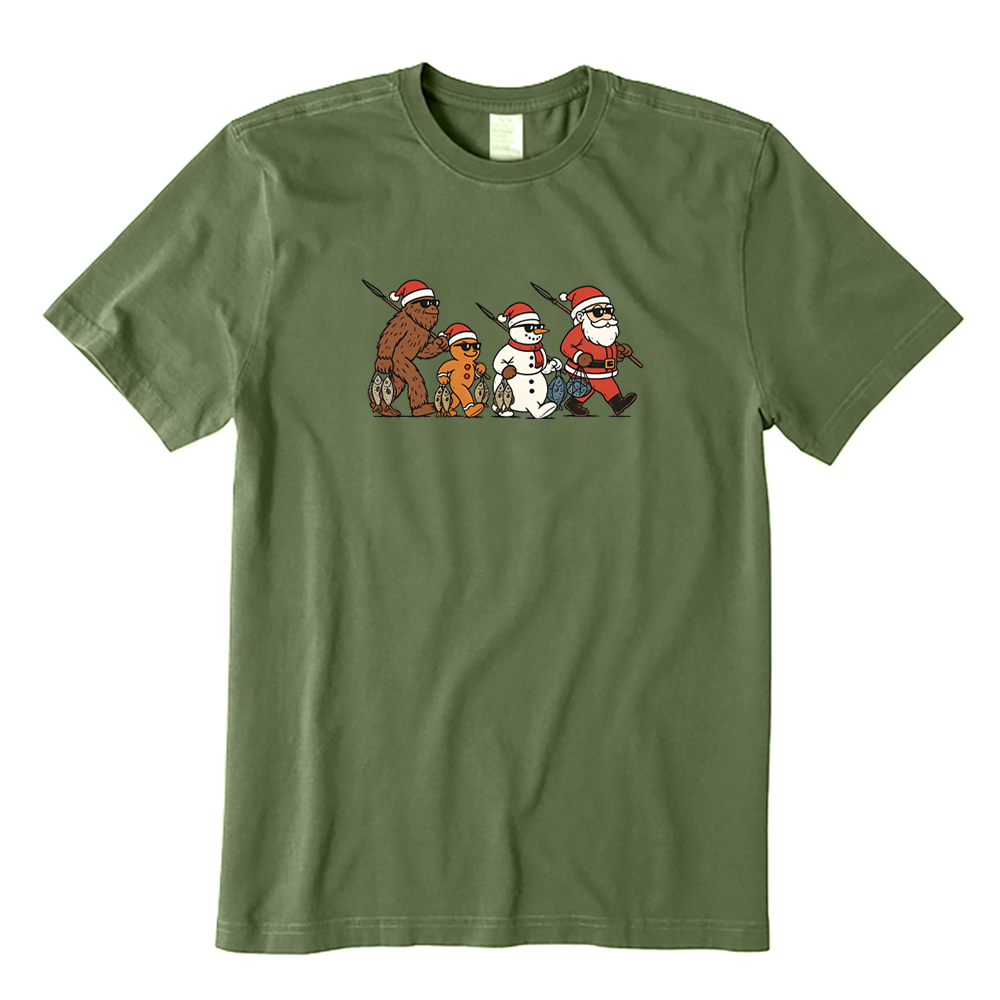 Santa Bigfoot Snowman Gingerbread Man Fishing Christmas T-Shirt