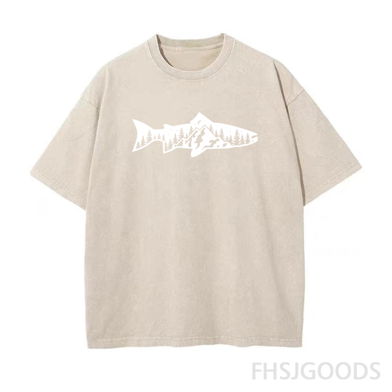 Fish and Mountain Moon Tree Unisex Distressed T-Shirt