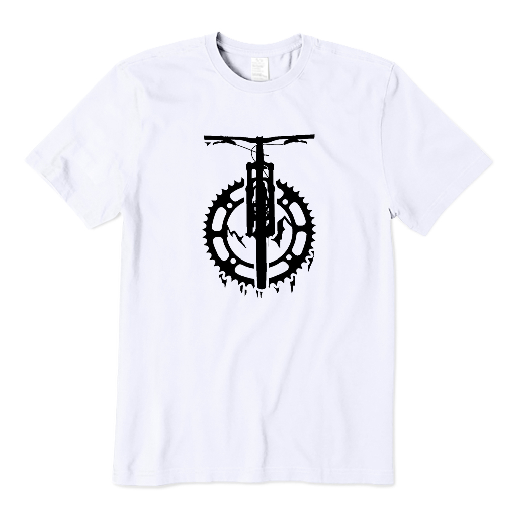 White t-shirt with a black bicycle graphic on a white background