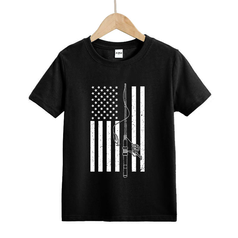 USA FLAG FISHING ROD Kids T-Shirt