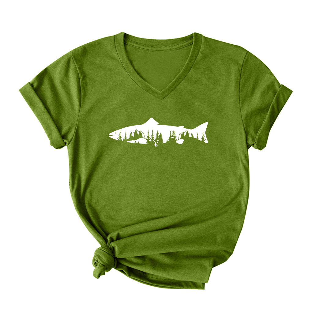 Trout Mountain Tree V Neck T-Shirt for Women