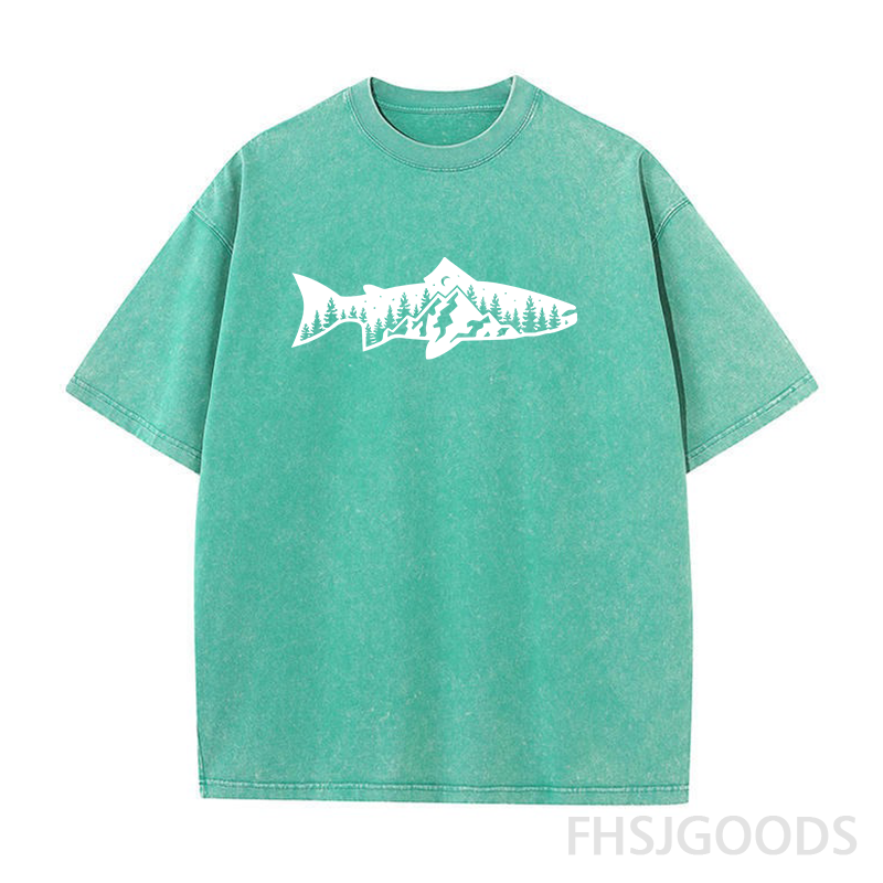 Fish and Mountain Moon Tree Unisex Distressed T-Shirt