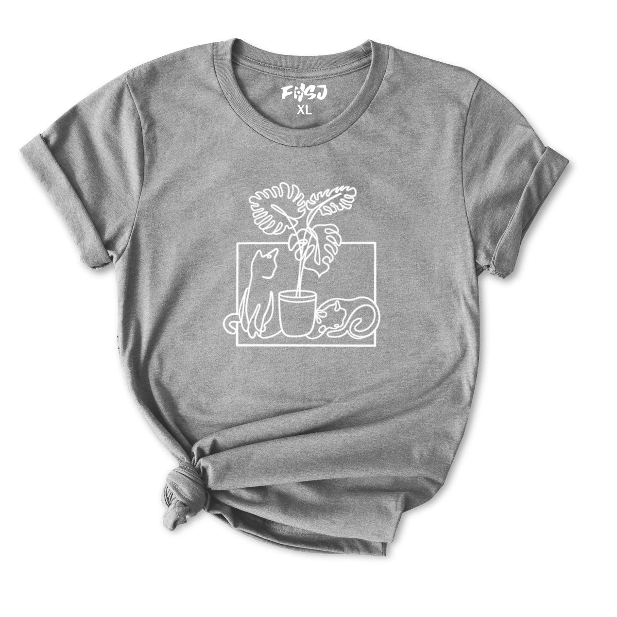 Minimalist Cat & Monstera T-Shirt for Women