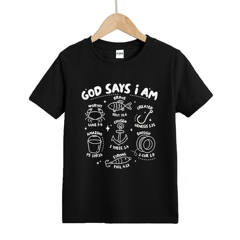 God Says I Am Boys Fishing Kids T-Shirt