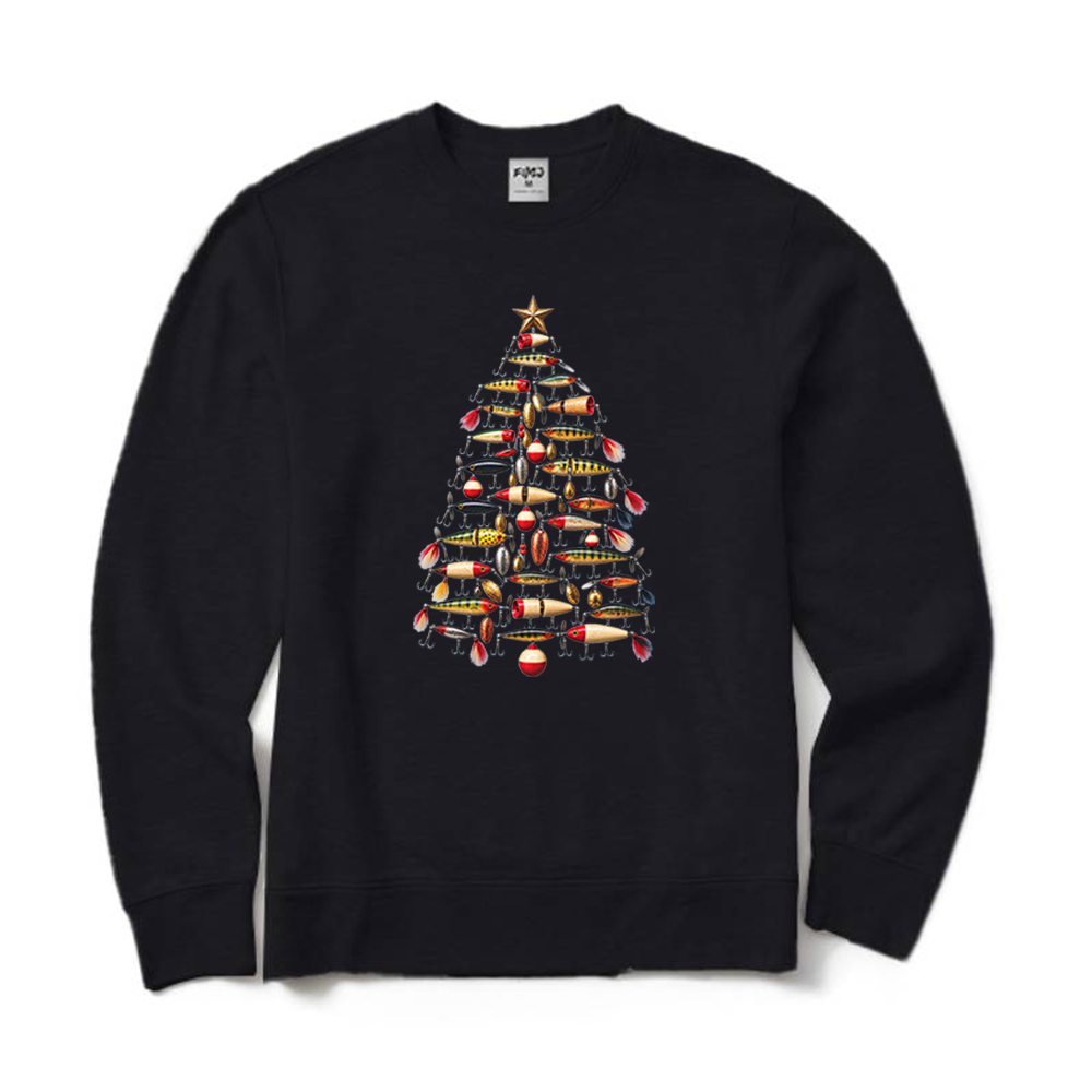 Retro Fishing Lure Christmas Tree Fisherman Crewneck Sweatshirt
