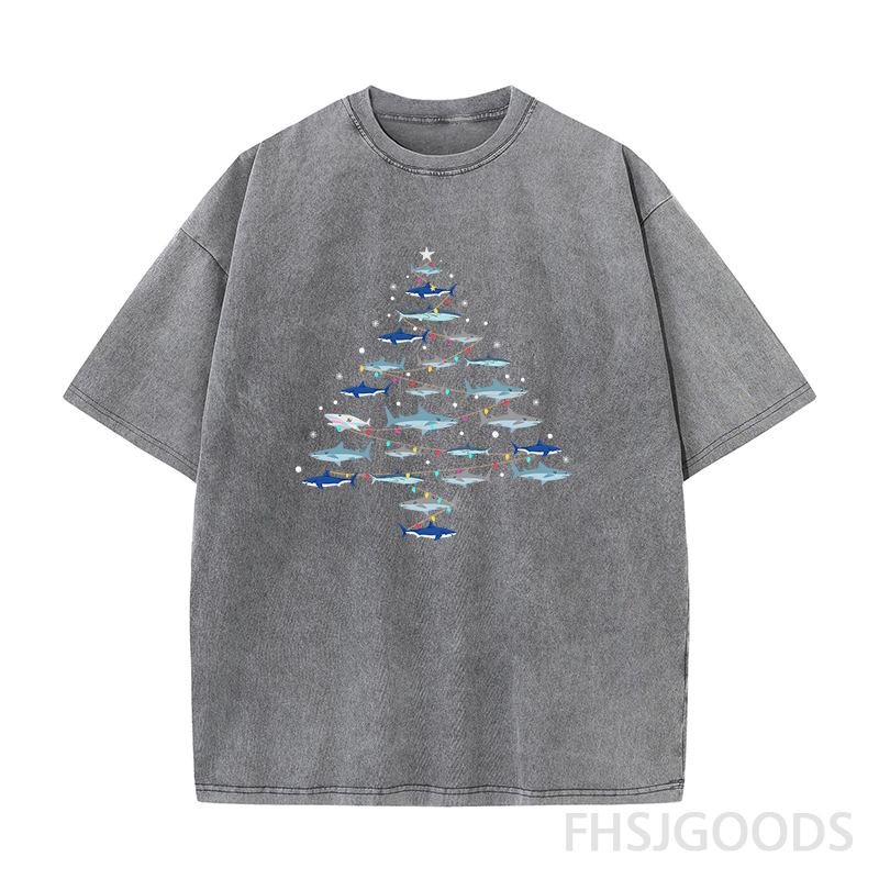 Christmas Shark Tree Unisex Distressed T-Shirt