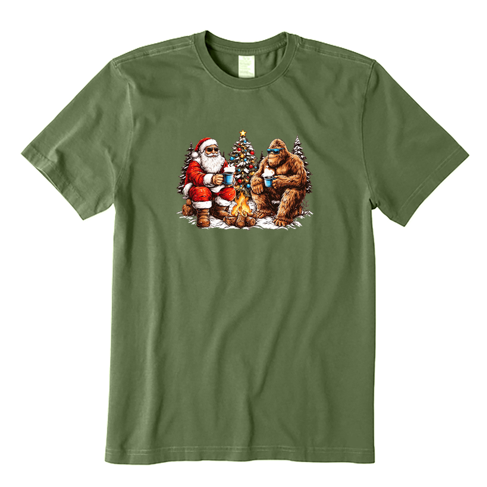 Santa And Bigfoot Camping Christmas T-Shirt