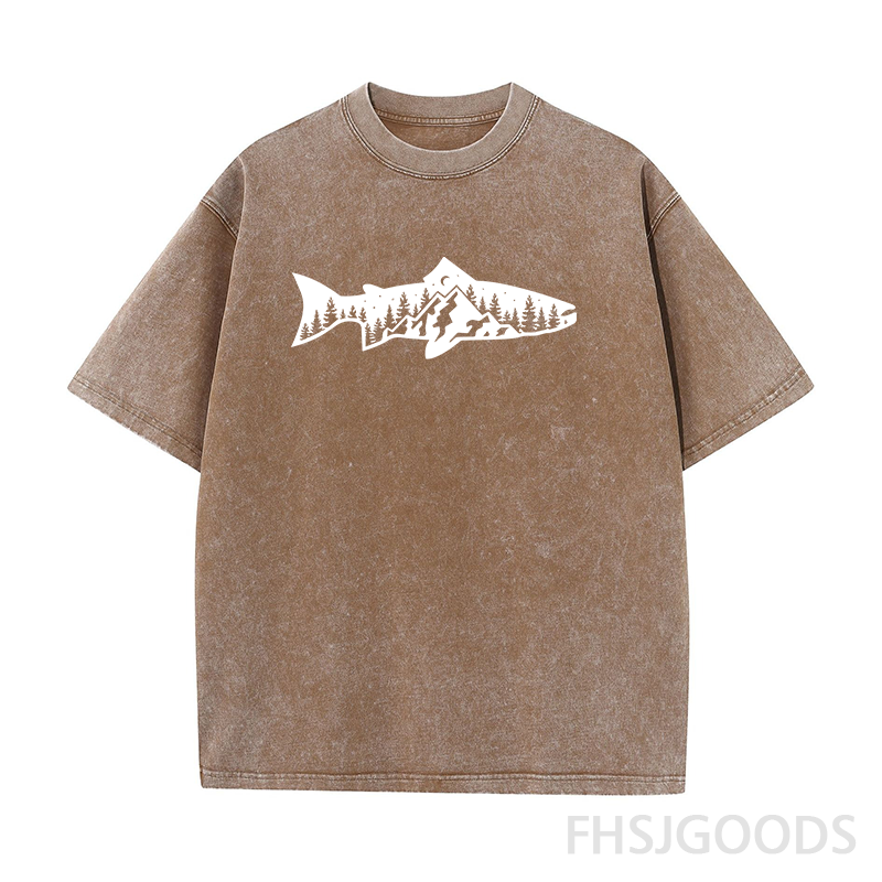 Fish and Mountain Moon Tree Unisex Distressed T-Shirt
