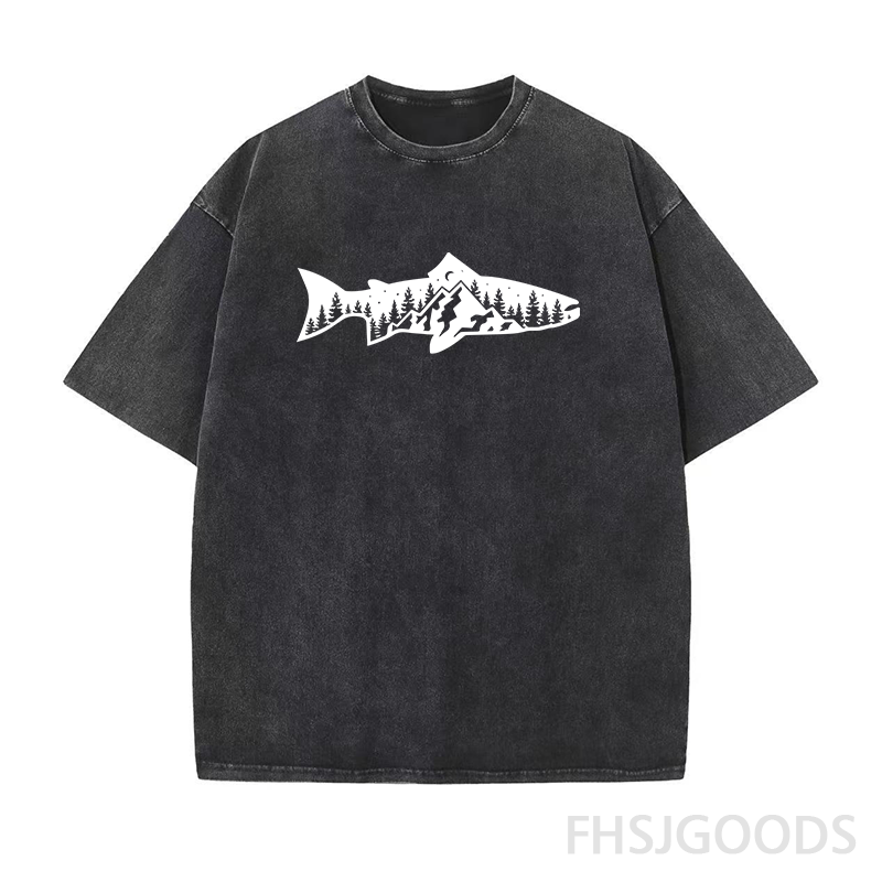 Fish and Mountain Moon Tree Unisex Distressed T-Shirt