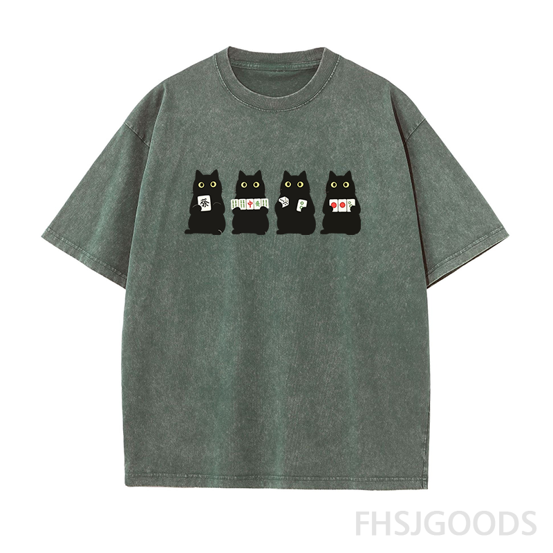 Cute Black Cat Mahjong Unisex Distressed T-Shirt