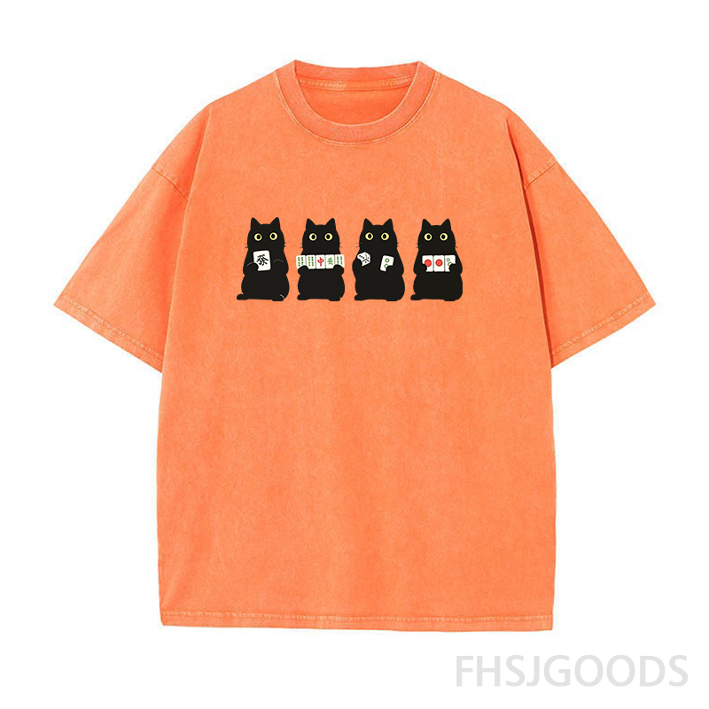 Cute Black Cat Mahjong Unisex Distressed T-Shirt