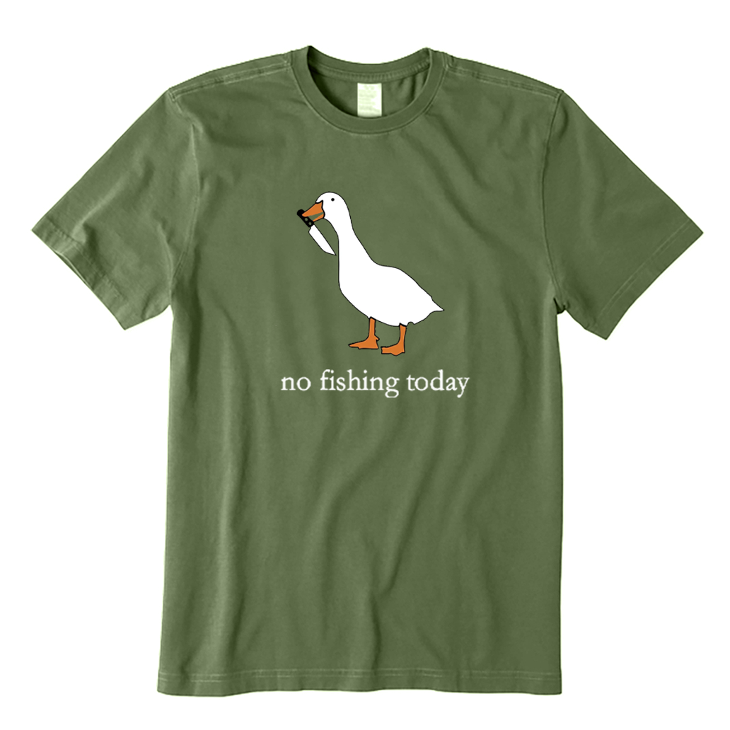 Green t-shirt with a duck graphic and 'no fishing today' text on a white background