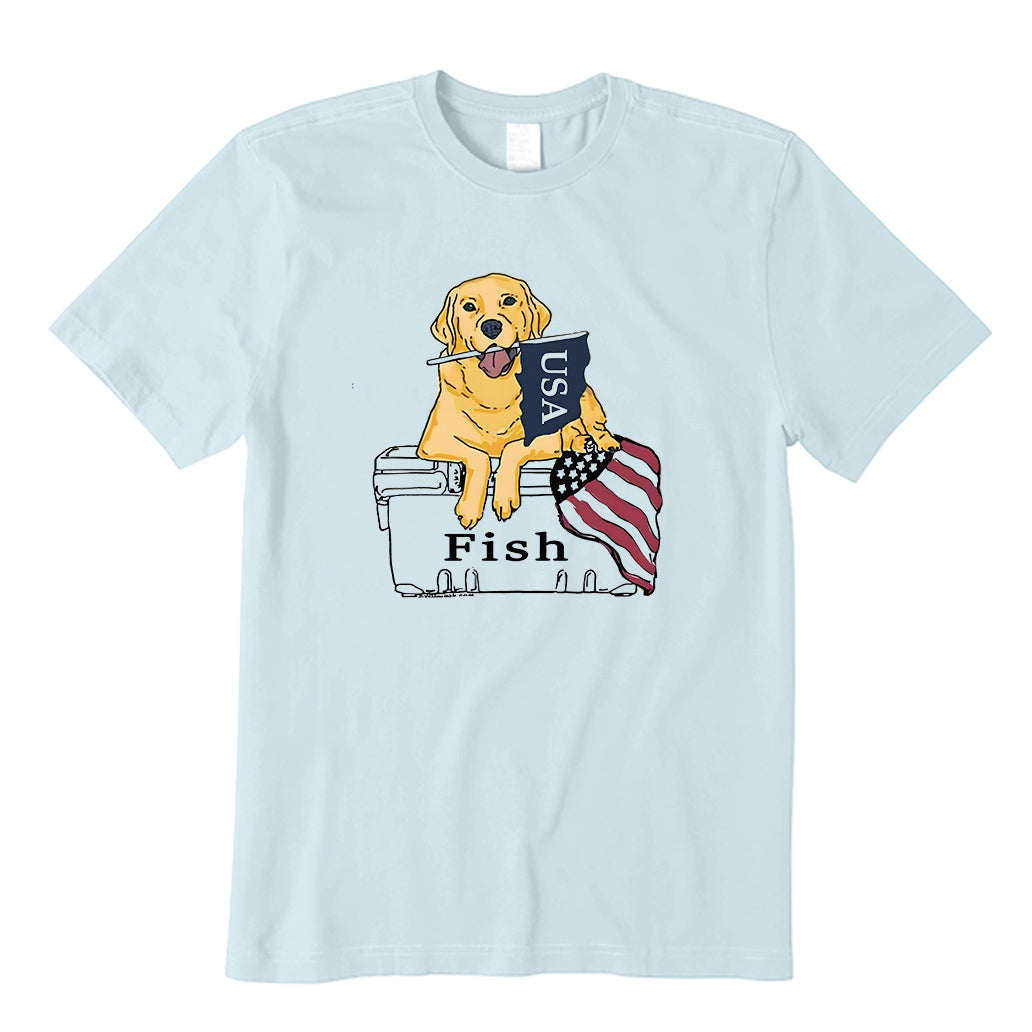 Dog on Fish Box with Flag T-Shirt