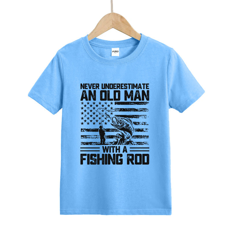 Never Underestimate An Old Man with A Fishing Rod Kids T-Shirt