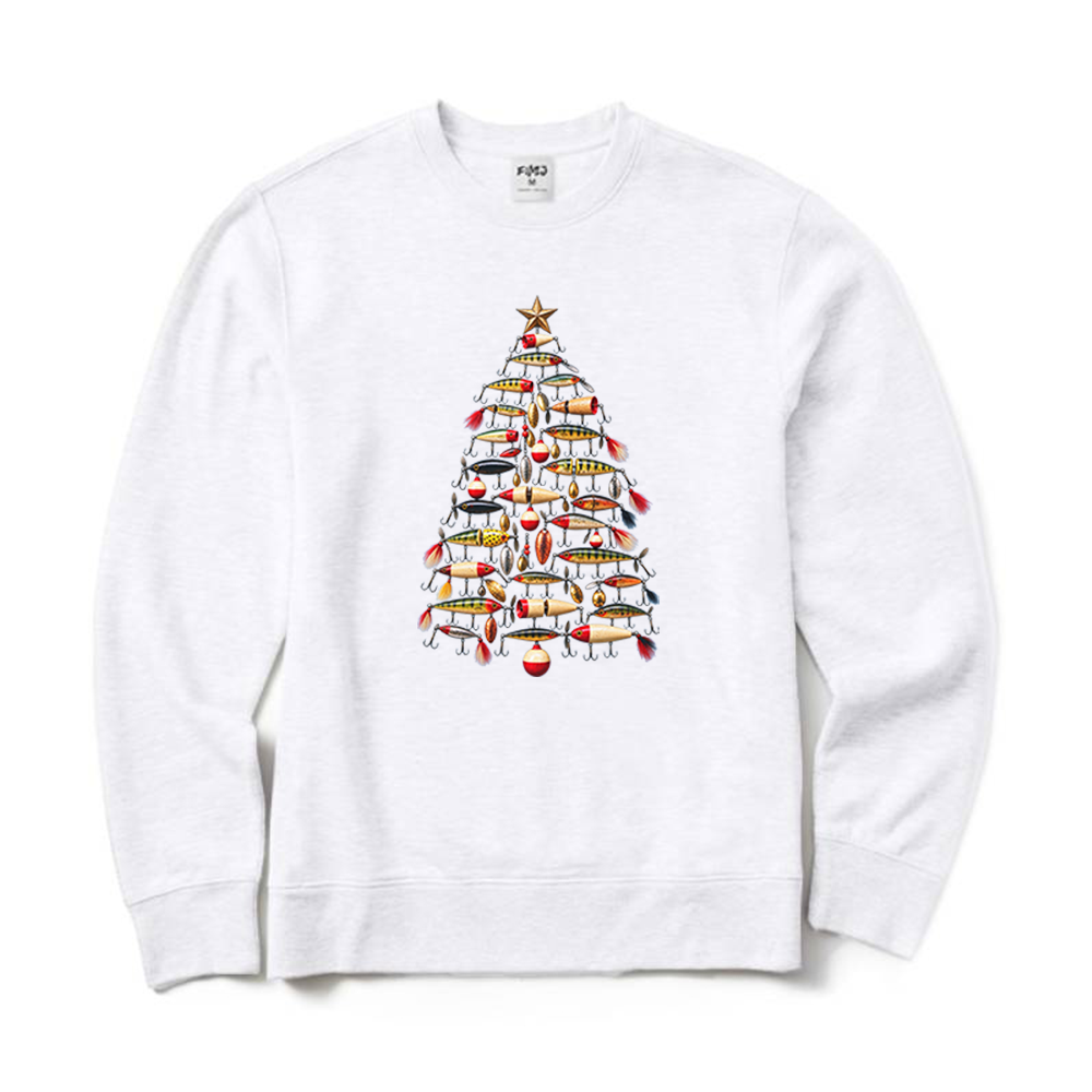 Retro Fishing Lure Christmas Tree Fisherman Crewneck Sweatshirt