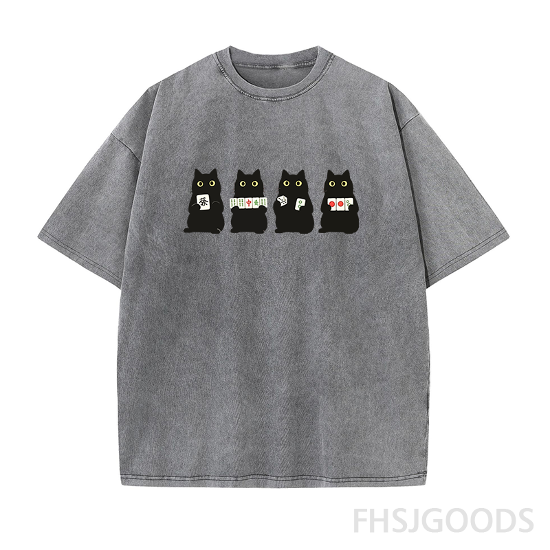 Cute Black Cat Mahjong Unisex Distressed T-Shirt