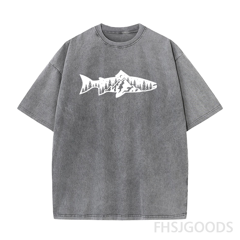 Fish and Mountain Moon Tree Unisex Distressed T-Shirt