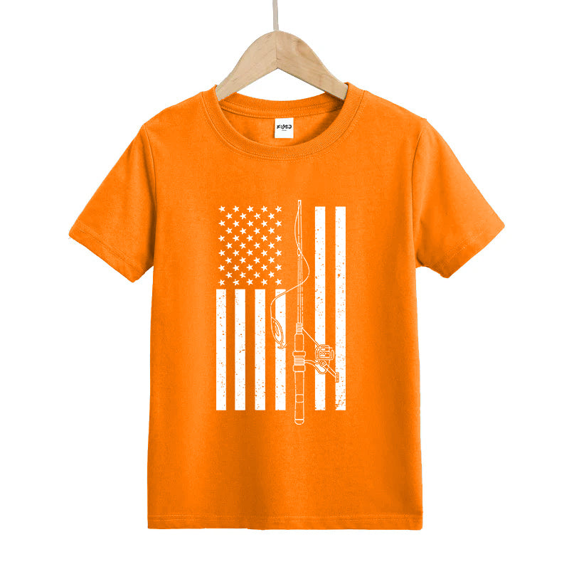 USA FLAG FISHING ROD Kids T-Shirt