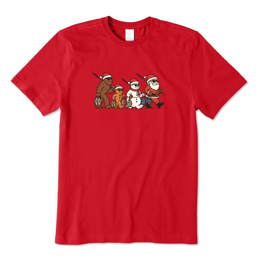 Santa Bigfoot Snowman Gingerbread Man Fishing Christmas T-Shirt