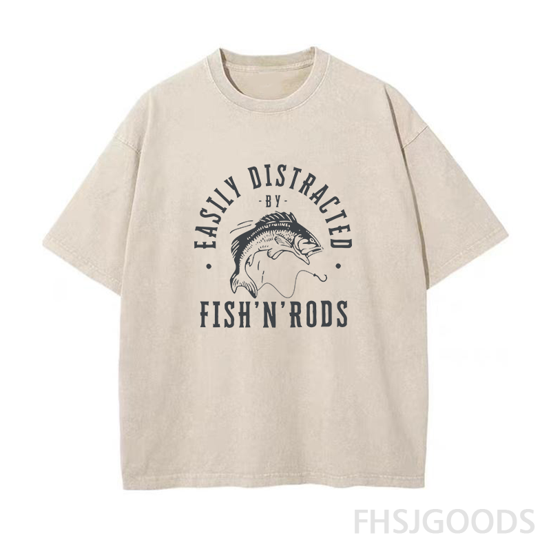 Easily Distracted By Fishing Rods Unisex Distressed T-Shirt
