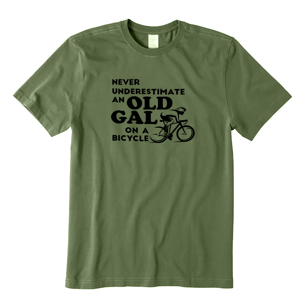 Never Underestimate An Old Gal on A Bicycle T-shirt