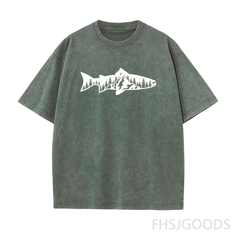 Fish and Mountain Moon Tree Unisex Distressed T-Shirt