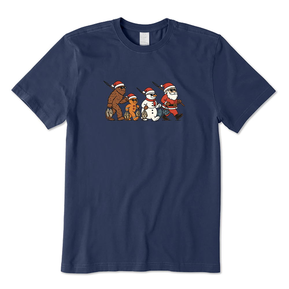 Santa Bigfoot Snowman Gingerbread Man Fishing Christmas T-Shirt