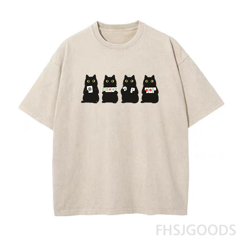 Cute Black Cat Mahjong Unisex Distressed T-Shirt