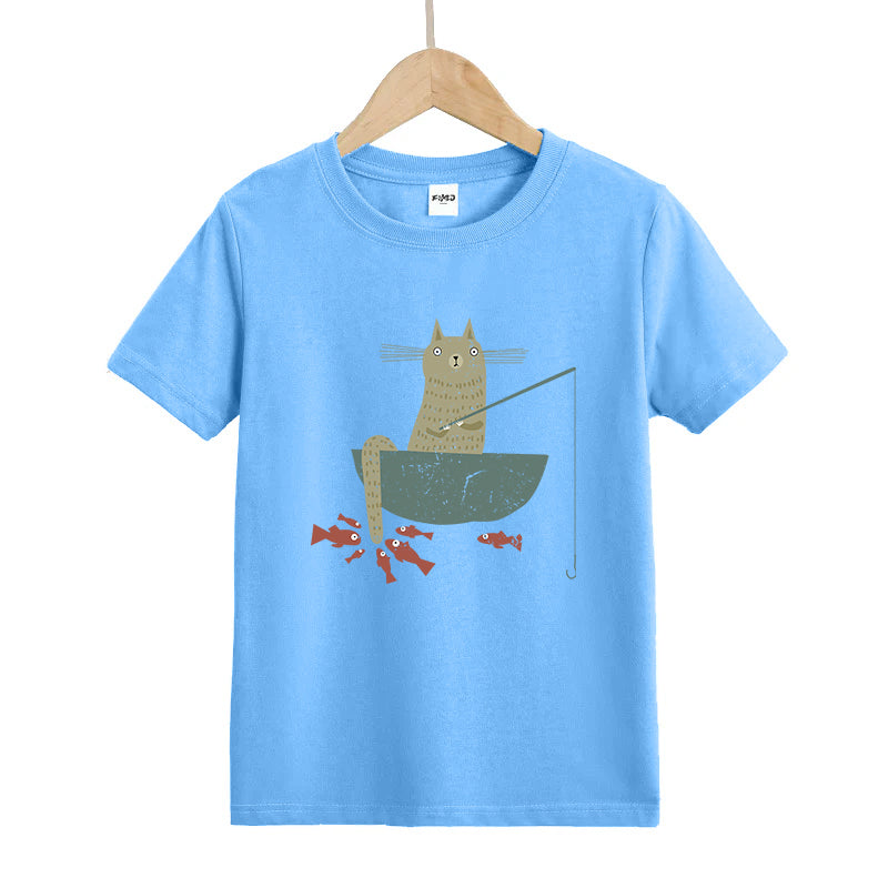 Silly Cat Fishing Kids T-Shirt