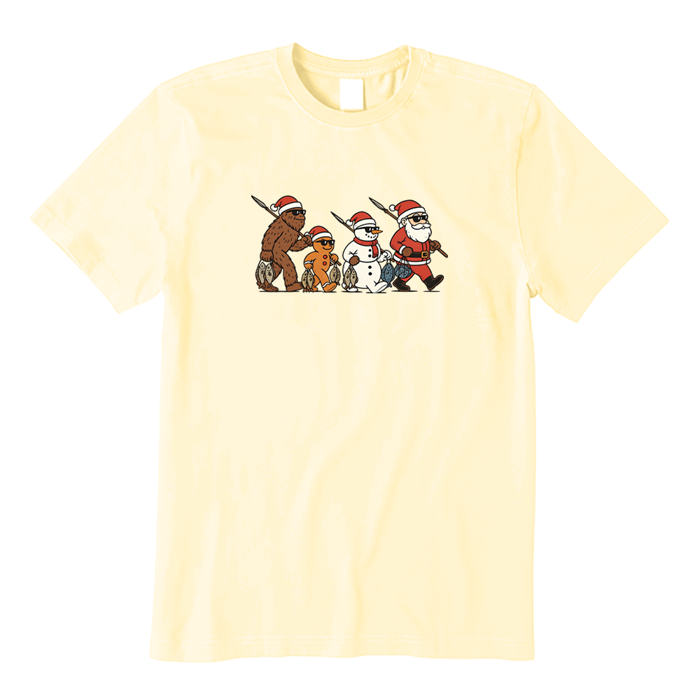 Santa Bigfoot Snowman Gingerbread Man Fishing Christmas T-Shirt