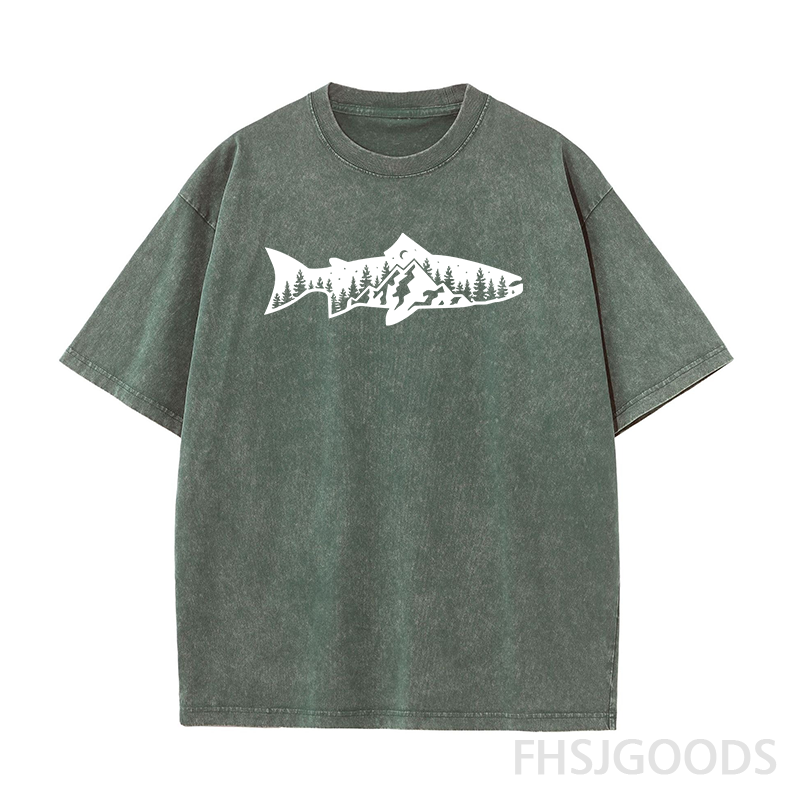 Fish and Mountain Moon Tree Unisex Distressed T-Shirt