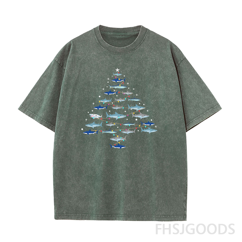 Christmas Shark Tree Unisex Distressed T-Shirt