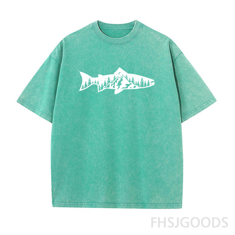 Fish and Mountain Moon Tree Unisex Distressed T-Shirt