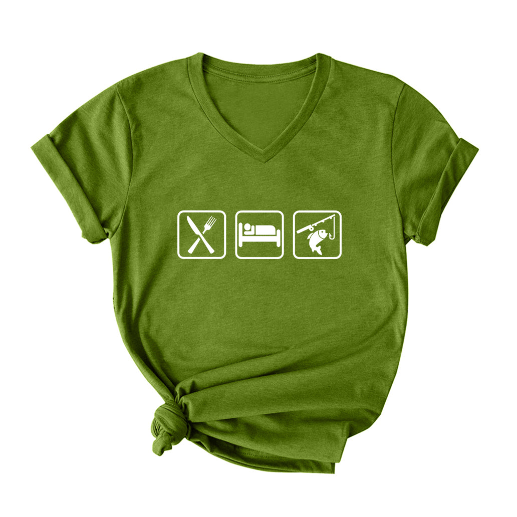 Eat Sleep Fish V Neck T-Shirt for Women
