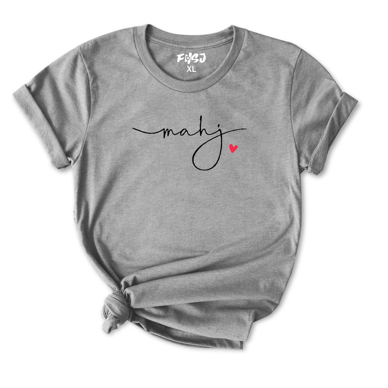 Gray t-shirt with 'mahj' and a heart design on a white background