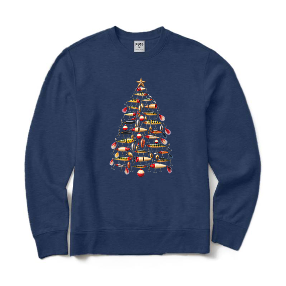 Retro Fishing Lure Christmas Tree Fisherman Crewneck Sweatshirt