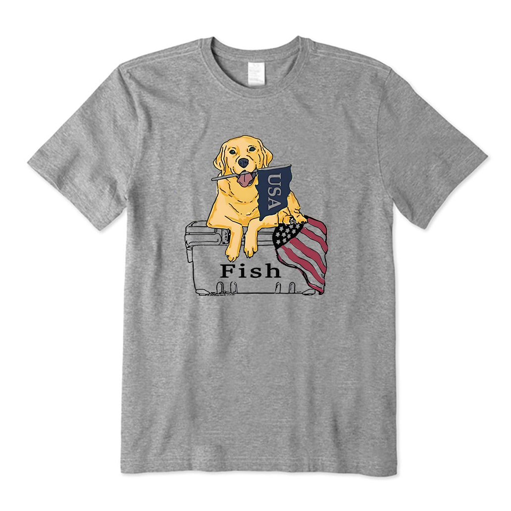 Dog on Fish Box with Flag T-Shirt
