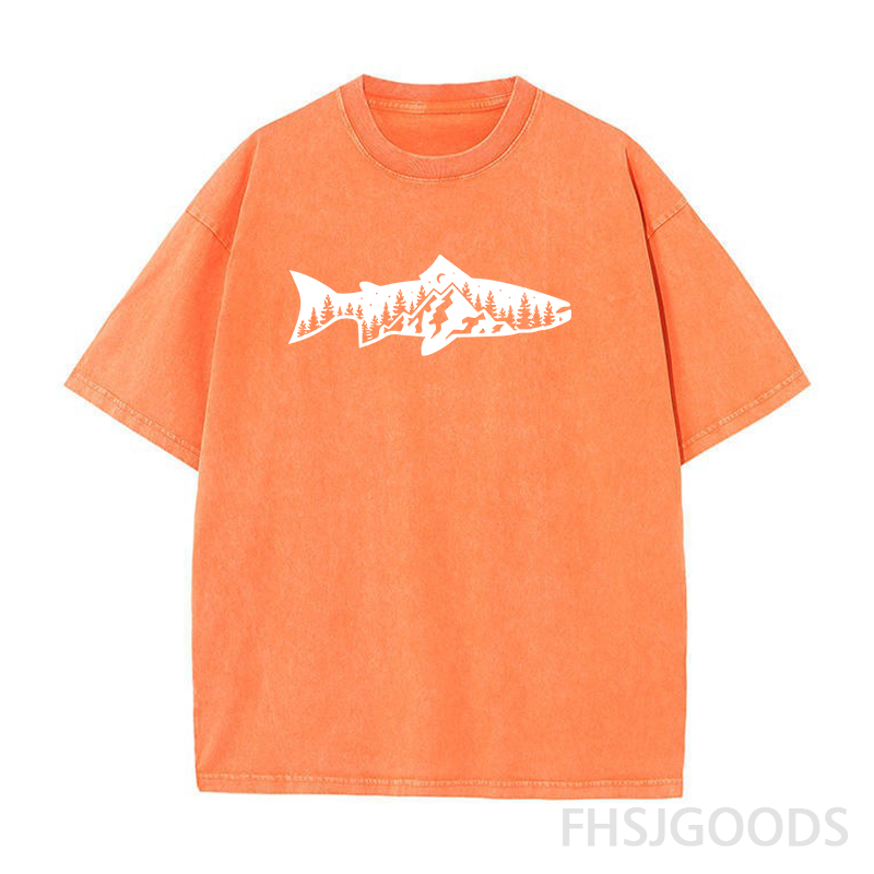 Fish and Mountain Moon Tree Unisex Distressed T-Shirt