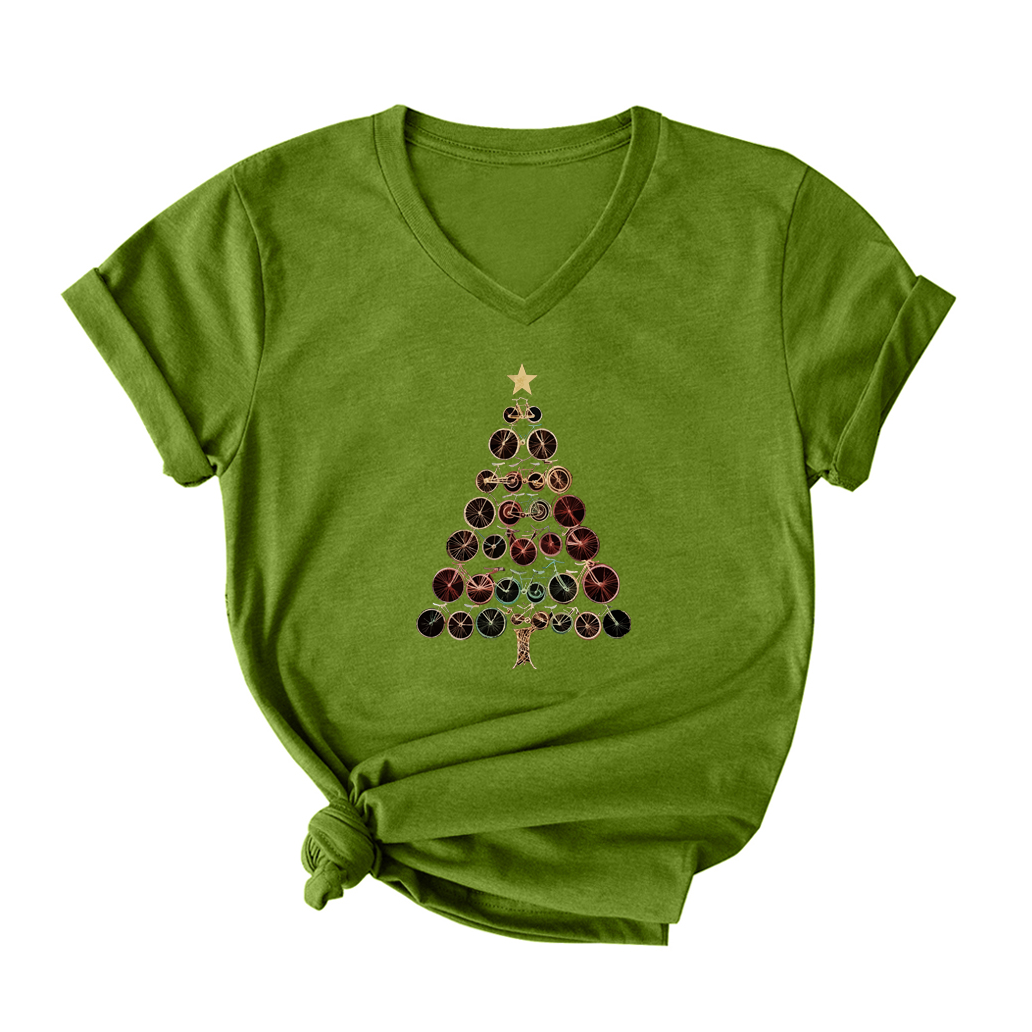 Christmas Bike Tree V Neck T-Shirt for Women
