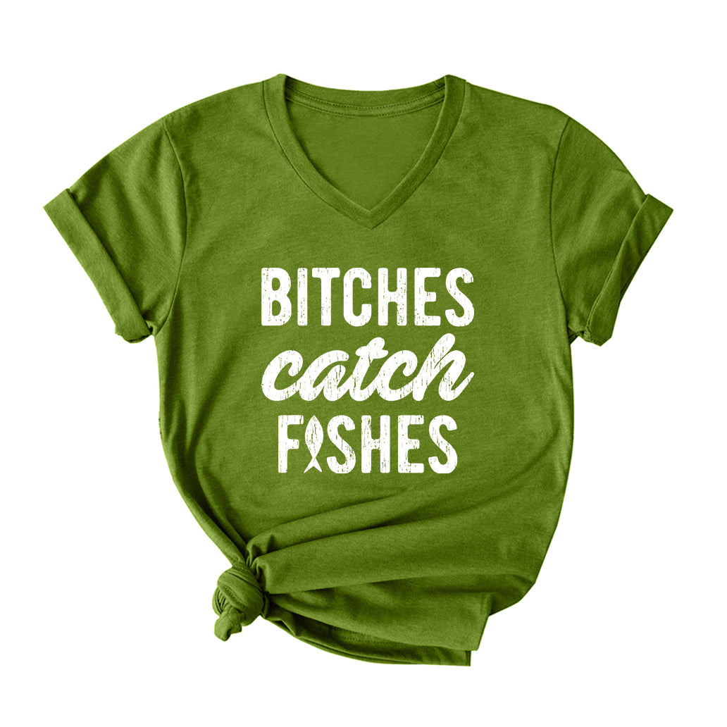 Bitches Catch Fishes V Neck T-Shirt for Women