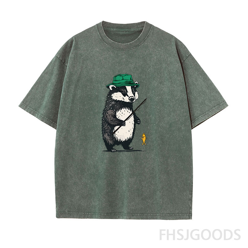 Fishing Badger Unisex Distressed T-Shirt