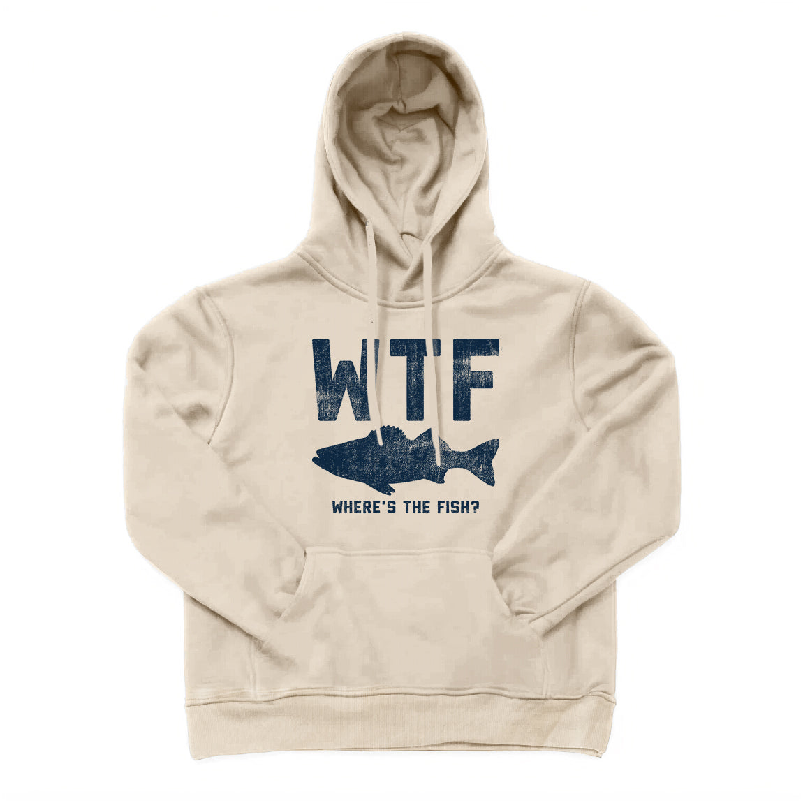 A beige hoodie with the text 'WTF' followed by 'WHERE'S THE FISH?' printed on the front.